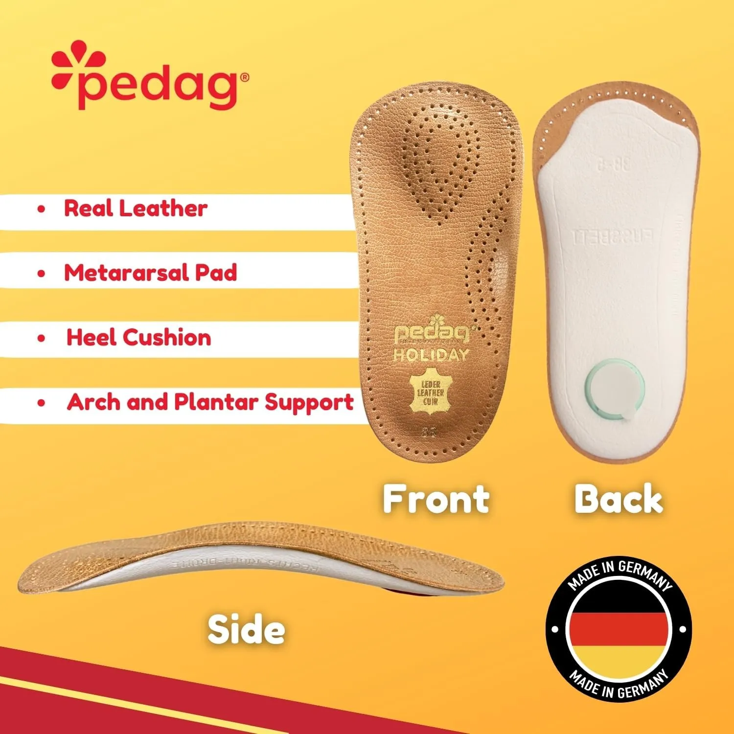 Pedag Holiday | 3/4 Length Sheepskin Orthotic Inserts | Handmade in Germany | Arch Support | Metatarsal Pad | Heel Cushion | Fits Low Profile Tight Shoes | Tan | 1 Pair | US Women 8 / EU 38