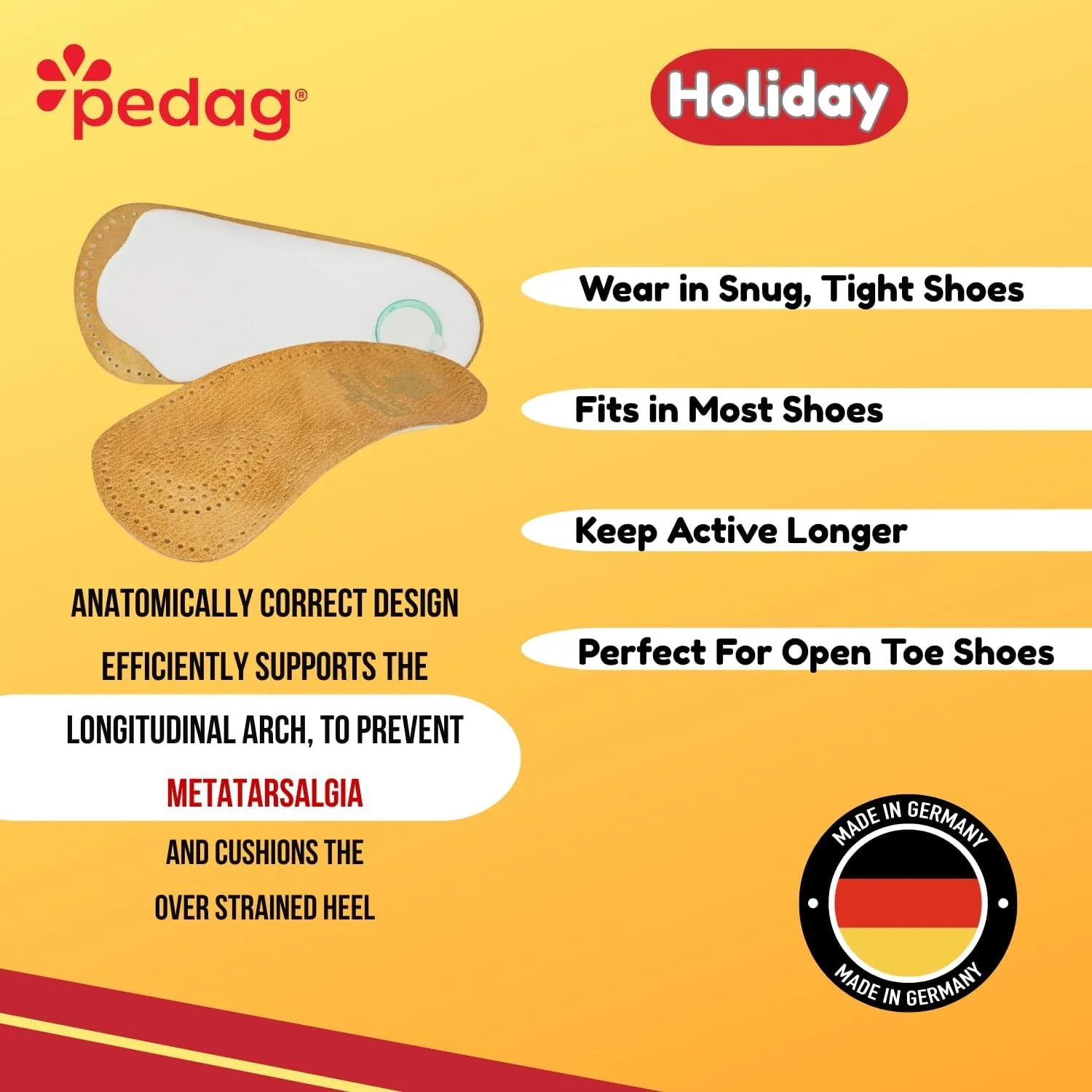 Pedag Holiday | 3/4 Length Sheepskin Orthotic Inserts | Handmade in Germany | Arch Support | Metatarsal Pad | Heel Cushion | Fits Low Profile Tight Shoes | Tan | 1 Pair | US Women 8 / EU 38
