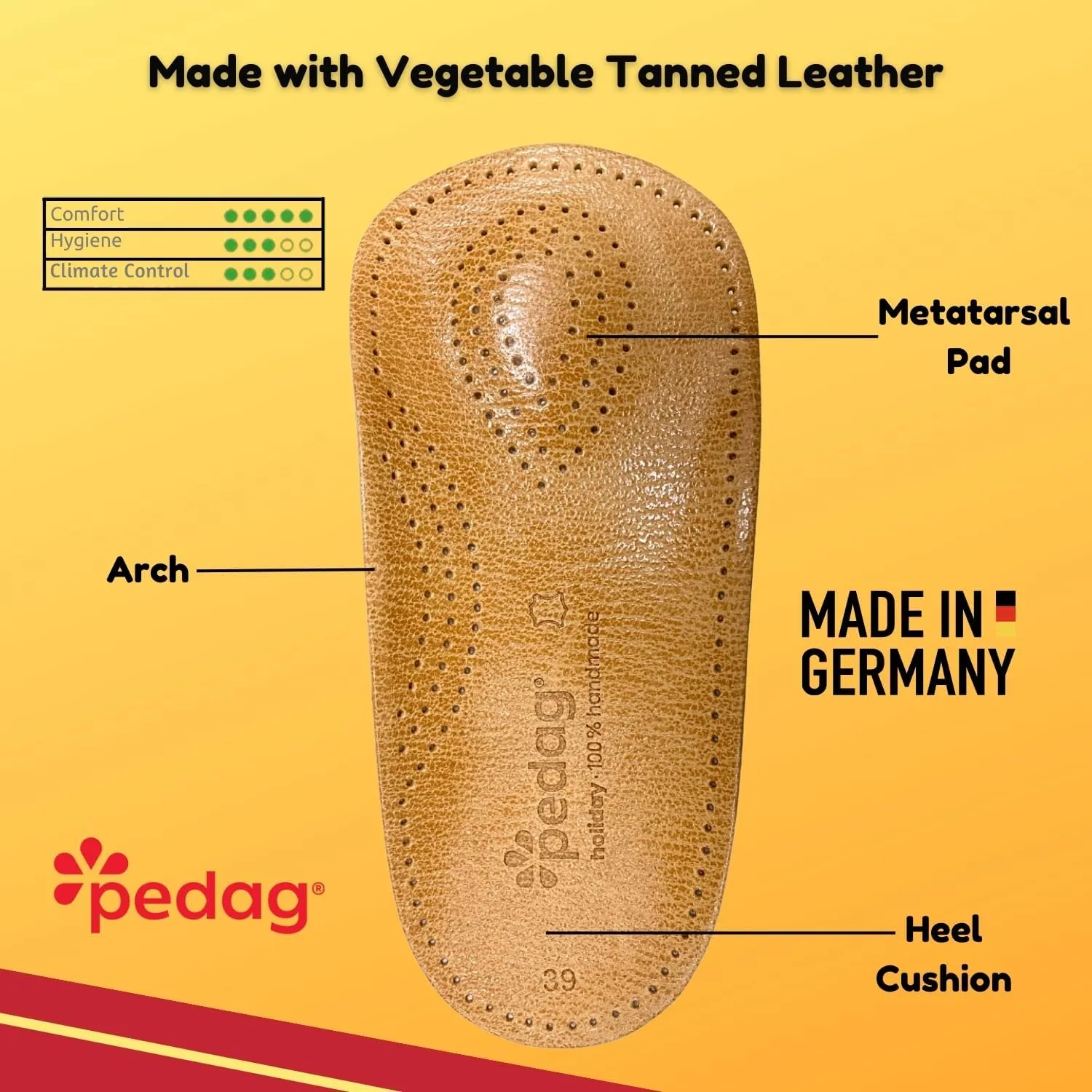Pedag Holiday | 3/4 Length Sheepskin Orthotic Inserts | Handmade in Germany | Arch Support | Metatarsal Pad | Heel Cushion | Fits Low Profile Tight Shoes | Tan | 1 Pair | US Women 8 / EU 38
