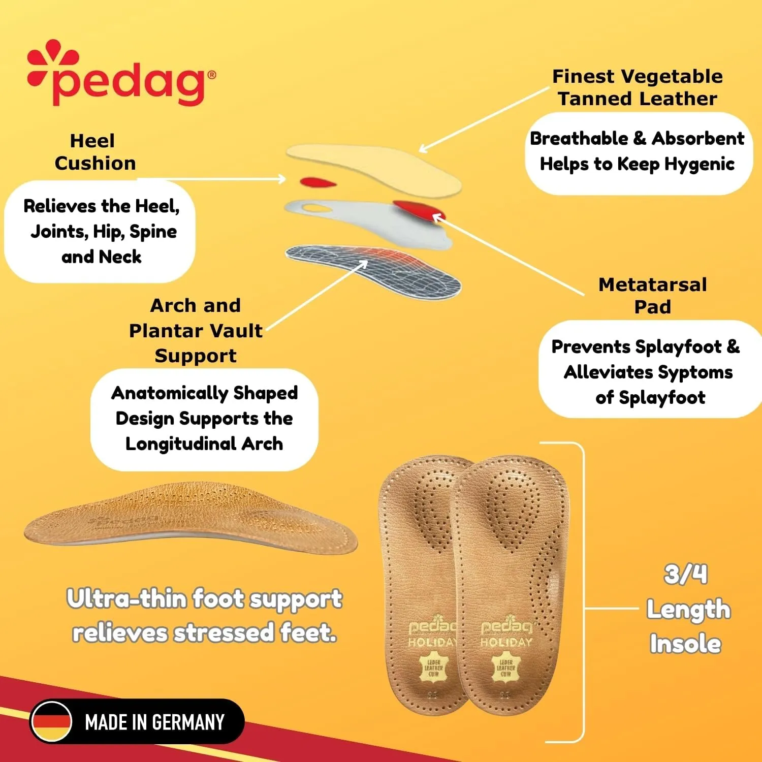 Pedag Holiday | 3/4 Length Sheepskin Orthotic Inserts | Handmade in Germany | Arch Support | Metatarsal Pad | Heel Cushion | Fits Low Profile Tight Shoes | Tan | 1 Pair | US Women 8 / EU 38