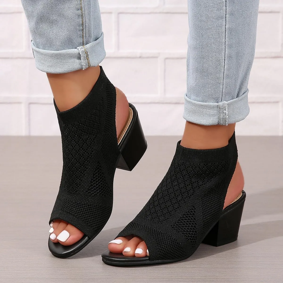 Peep Toe Booties for Women Open Toe Heeled Sandals Summer Casual Slip On Dress Sock Booties US5-11