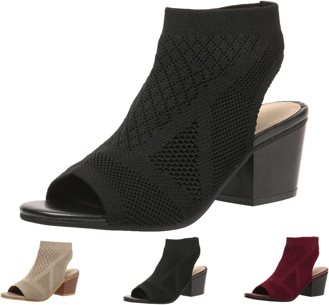 Peep Toe Booties for Women Open Toe Heeled Sandals Summer Casual Slip On Dress Sock Booties US5-11