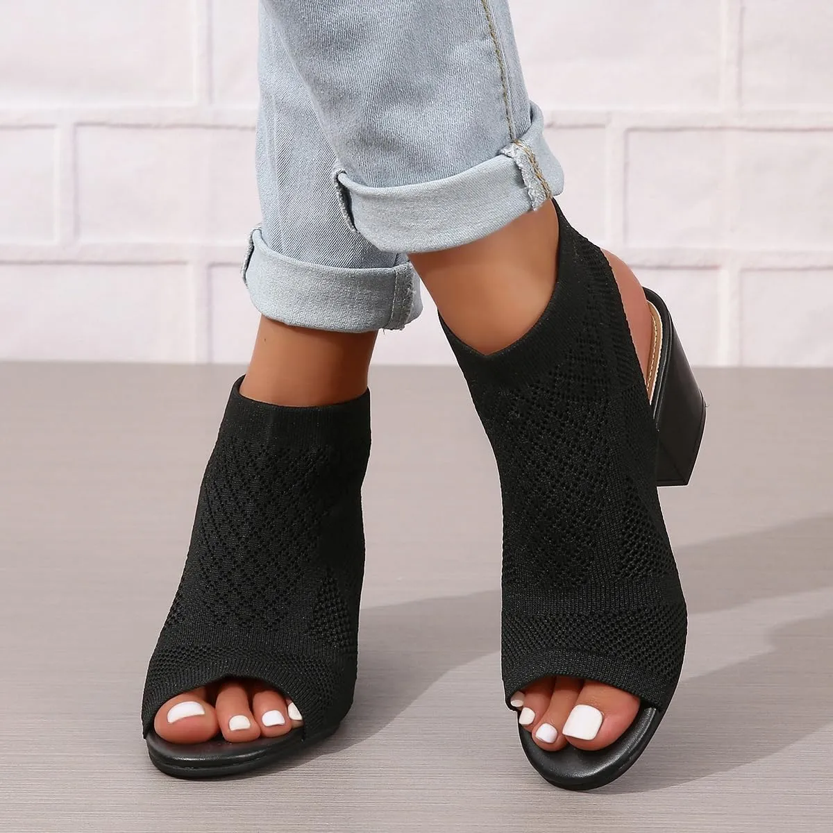 Peep Toe Booties for Women Open Toe Heeled Sandals Summer Casual Slip On Dress Sock Booties US5-11