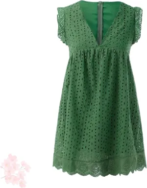 Pickelect Romper Dress with Shorts, V Neck Solid Color Lace Dresses, Jumpsuit Short Dress with Built-in Shorts