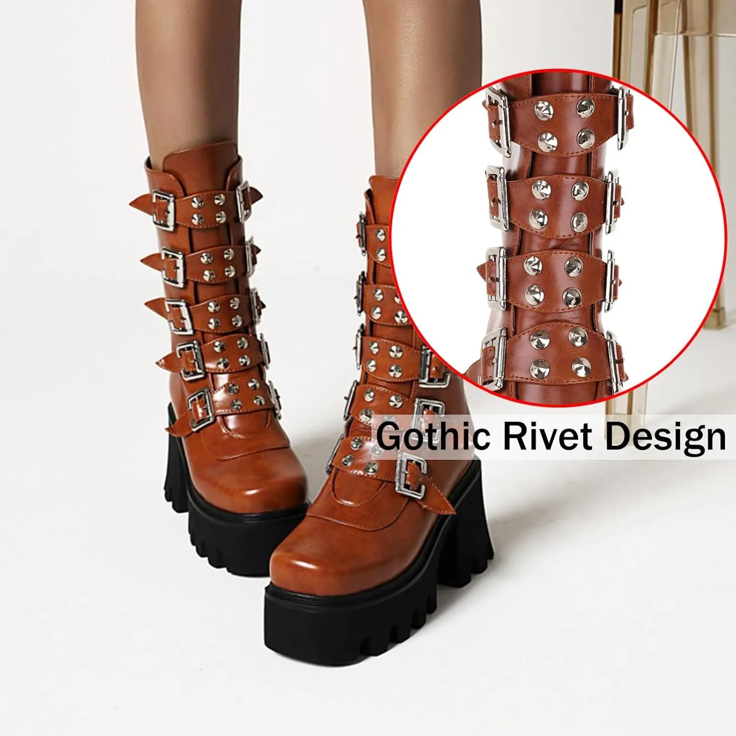 Platform Goth Boots for Women Studded Mid Calf Combat Punk Boots Buckle Chunky Heel Back Zipper Wedges Platform Motorcycle Ankle Booties