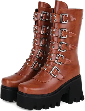 Platform Goth Boots for Women Studded Mid Calf Combat Punk Boots Buckle Chunky Heel Back Zipper Wedges Platform Motorcycle Ankle Booties