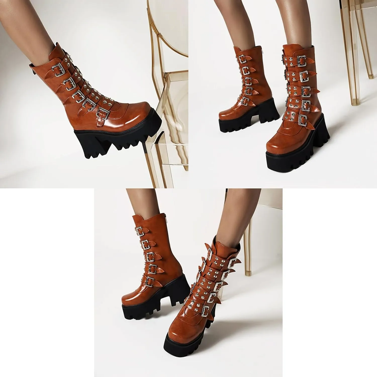 Platform Goth Boots for Women Studded Mid Calf Combat Punk Boots Buckle Chunky Heel Back Zipper Wedges Platform Motorcycle Ankle Booties