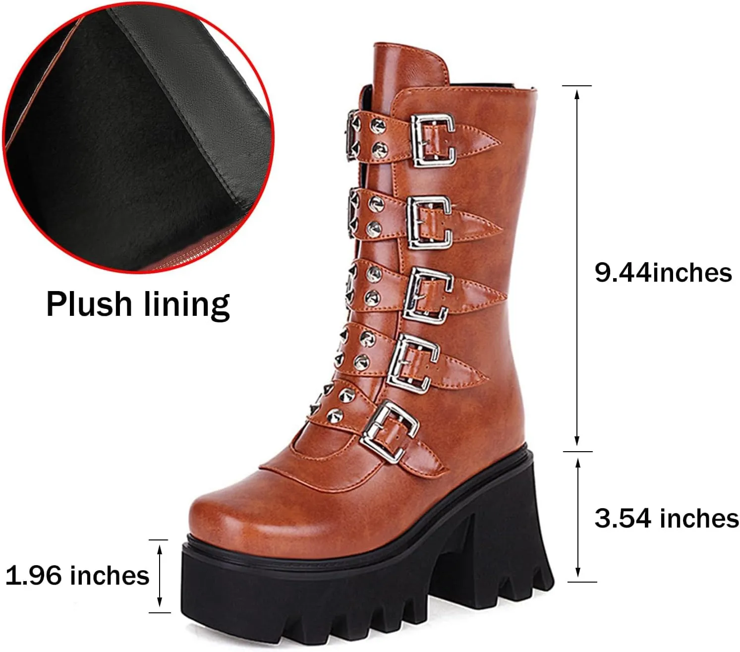 Platform Goth Boots for Women Studded Mid Calf Combat Punk Boots Buckle Chunky Heel Back Zipper Wedges Platform Motorcycle Ankle Booties