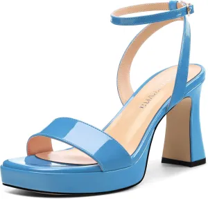 Platform Heels for Women, Chunky Square Open Toe Ankle Strap Stylish Heeled Sandals for Party Prom Wedding