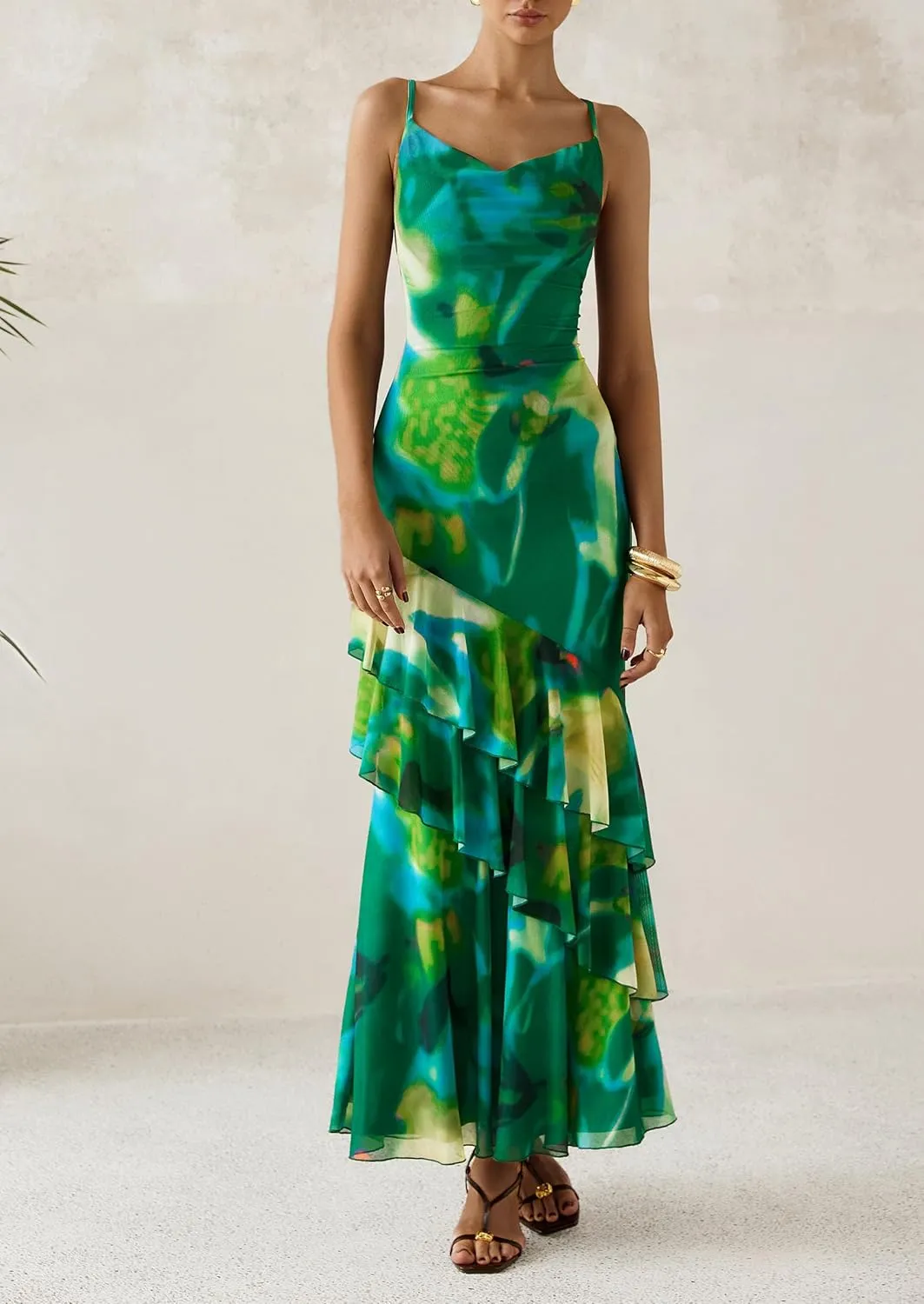 PRETTYGARDEN Maxi Dresses for Women 2025 Floral Beach Sundress Spaghetti Strap Tiered Summer Wedding Guest Long Dress
