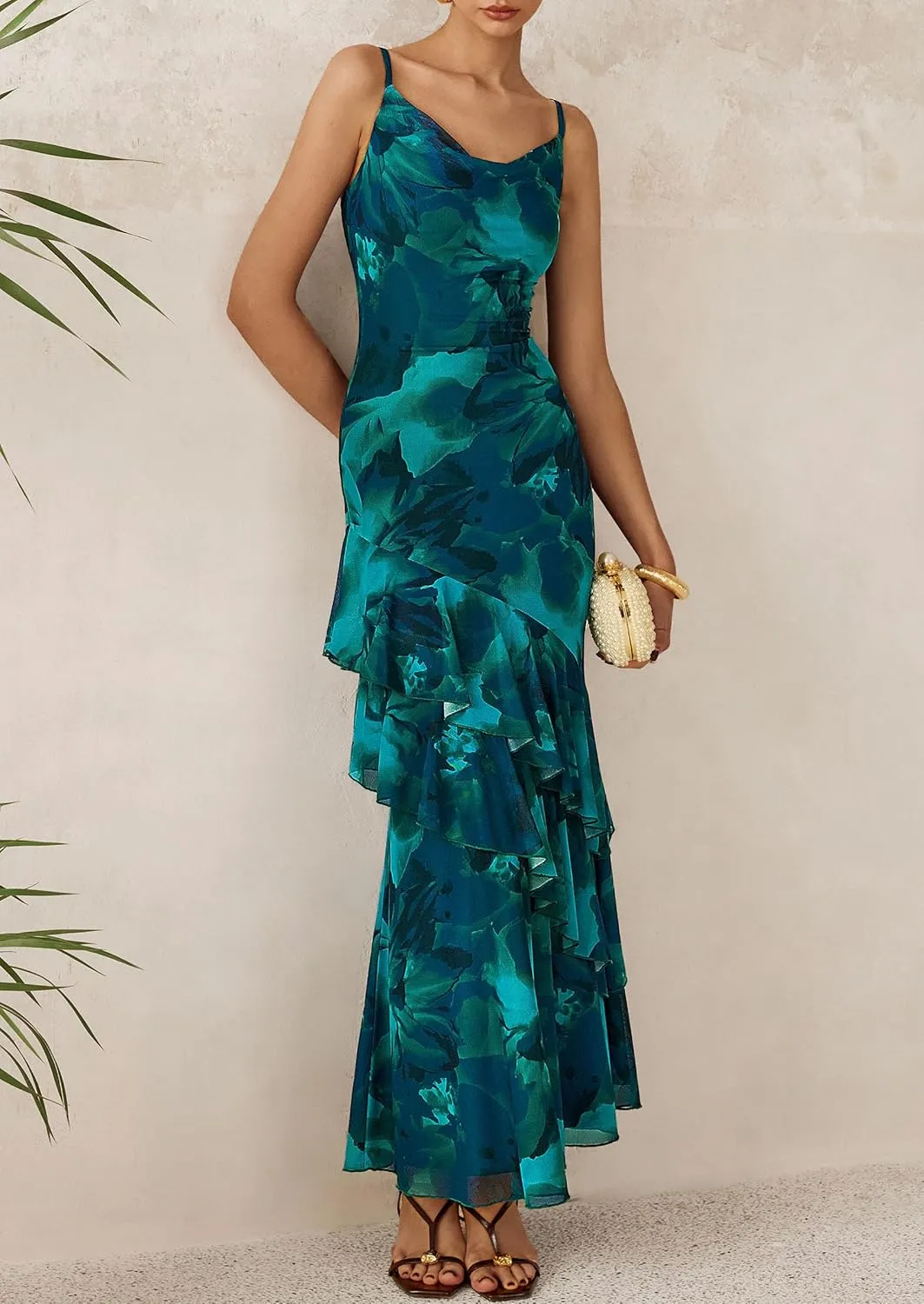 PRETTYGARDEN Maxi Dresses for Women 2025 Floral Beach Sundress Spaghetti Strap Tiered Summer Wedding Guest Long Dress