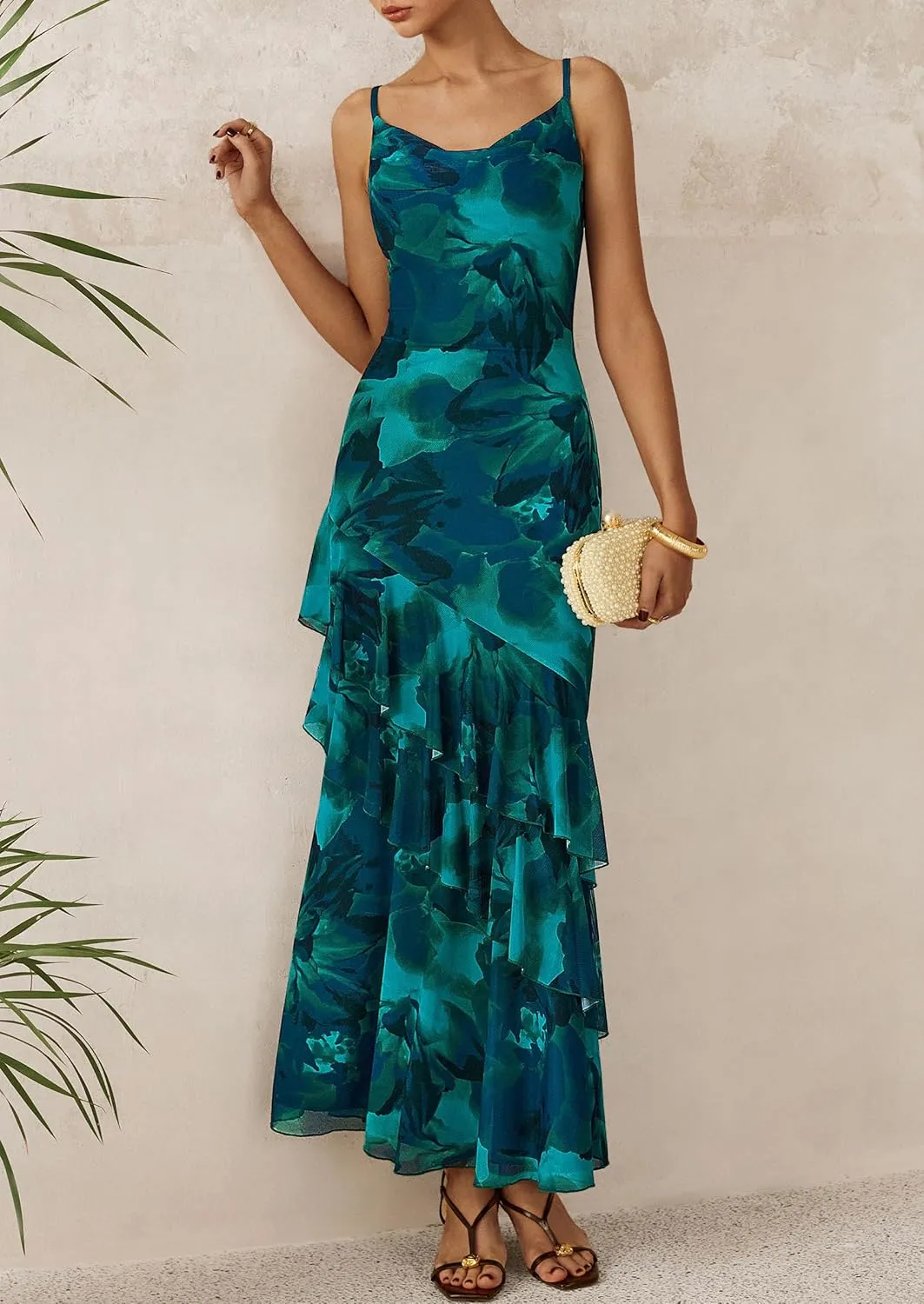 PRETTYGARDEN Maxi Dresses for Women 2025 Floral Beach Sundress Spaghetti Strap Tiered Summer Wedding Guest Long Dress