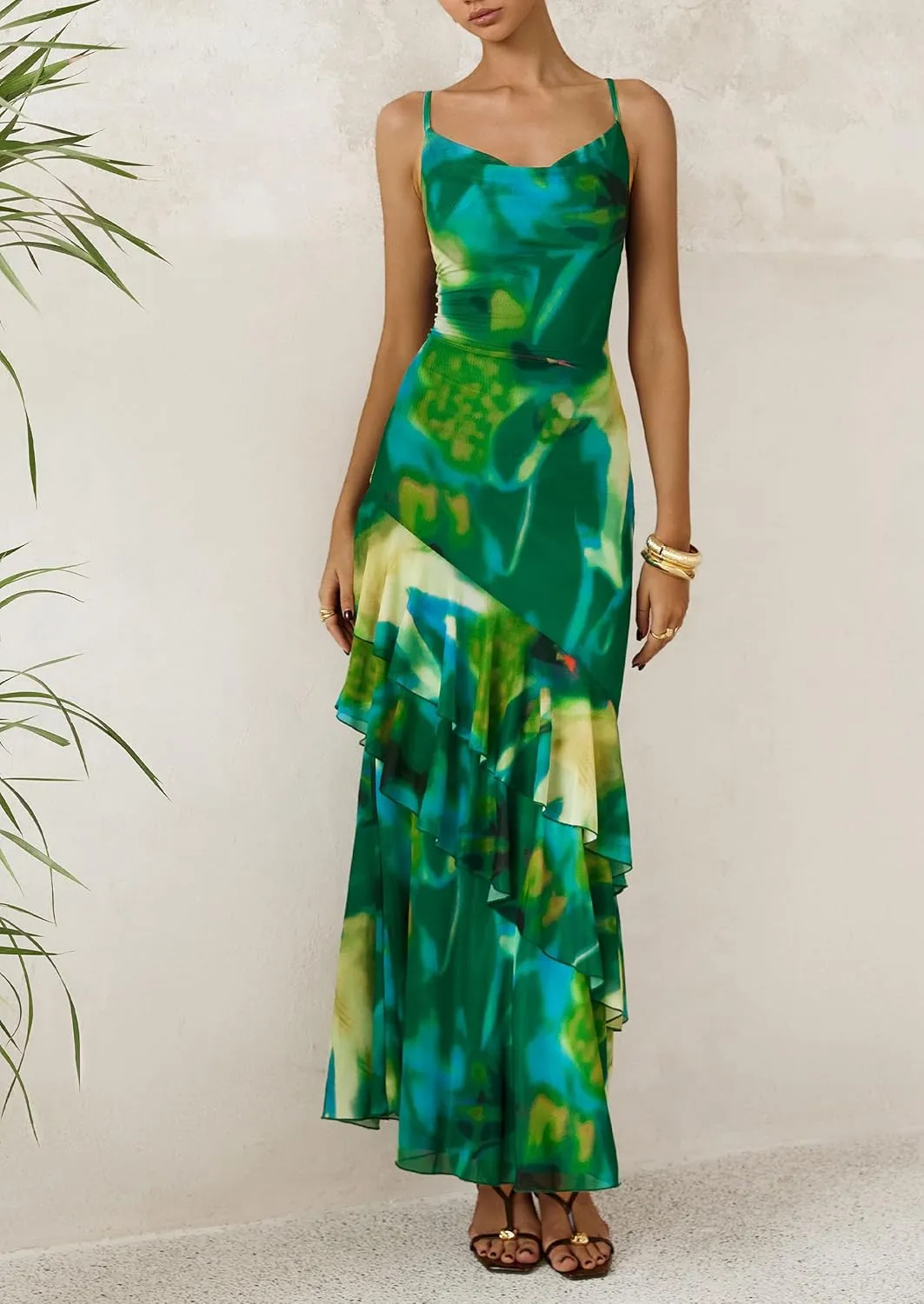 PRETTYGARDEN Maxi Dresses for Women 2025 Floral Beach Sundress Spaghetti Strap Tiered Summer Wedding Guest Long Dress