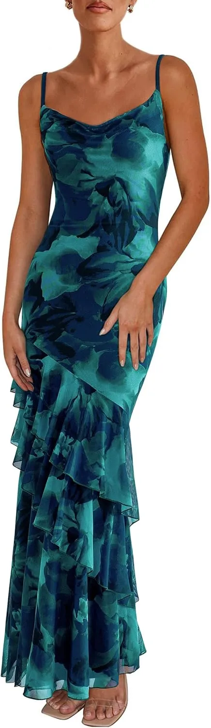 PRETTYGARDEN Maxi Dresses for Women 2025 Floral Beach Sundress Spaghetti Strap Tiered Summer Wedding Guest Long Dress