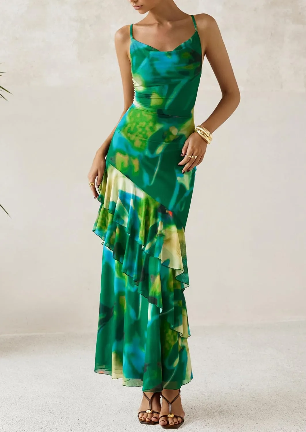 PRETTYGARDEN Maxi Dresses for Women 2025 Floral Beach Sundress Spaghetti Strap Tiered Summer Wedding Guest Long Dress