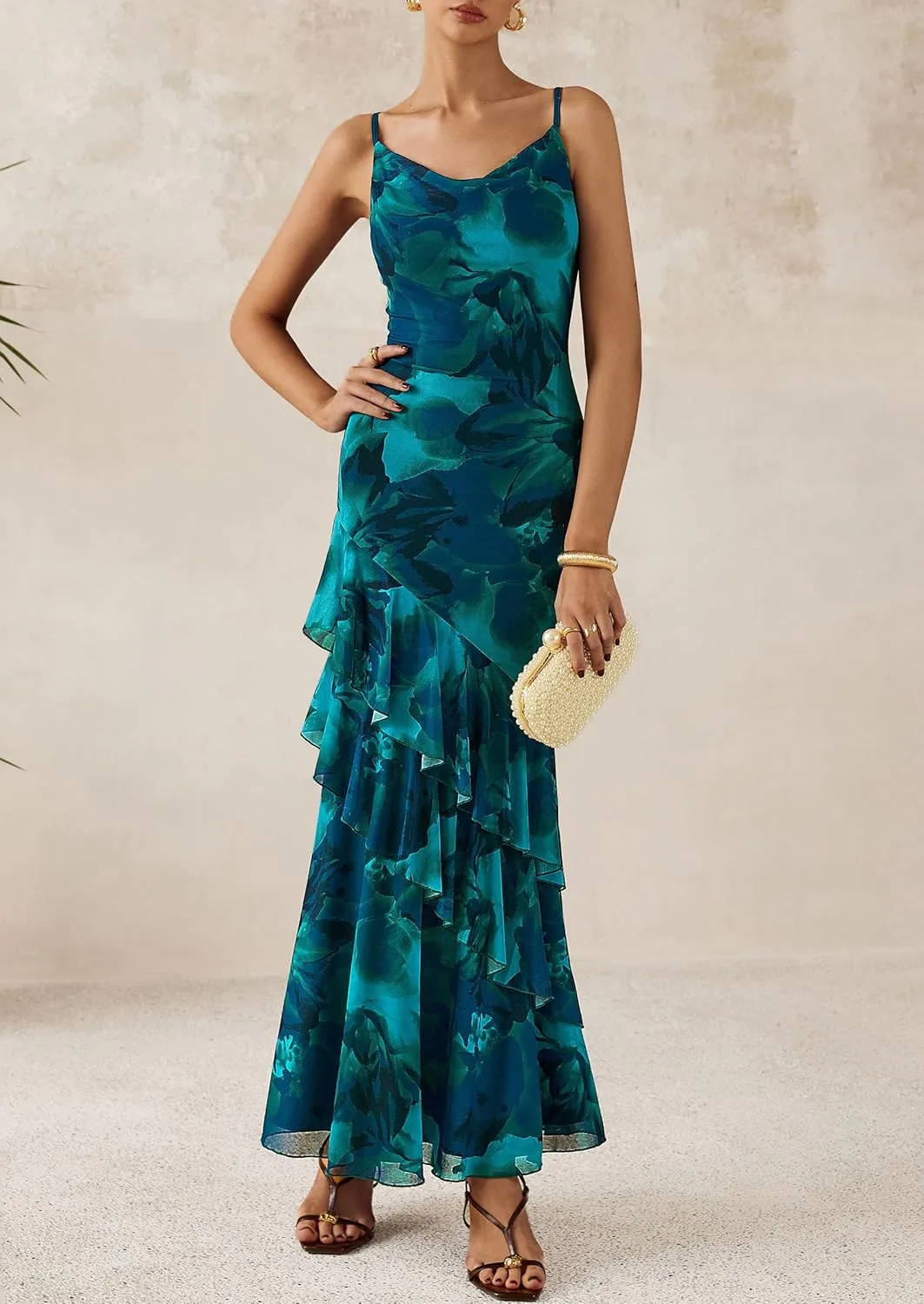 PRETTYGARDEN Maxi Dresses for Women 2025 Floral Beach Sundress Spaghetti Strap Tiered Summer Wedding Guest Long Dress
