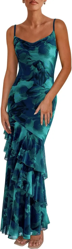 PRETTYGARDEN Maxi Dresses for Women 2025 Floral Beach Sundress Spaghetti Strap Tiered Summer Wedding Guest Long Dress