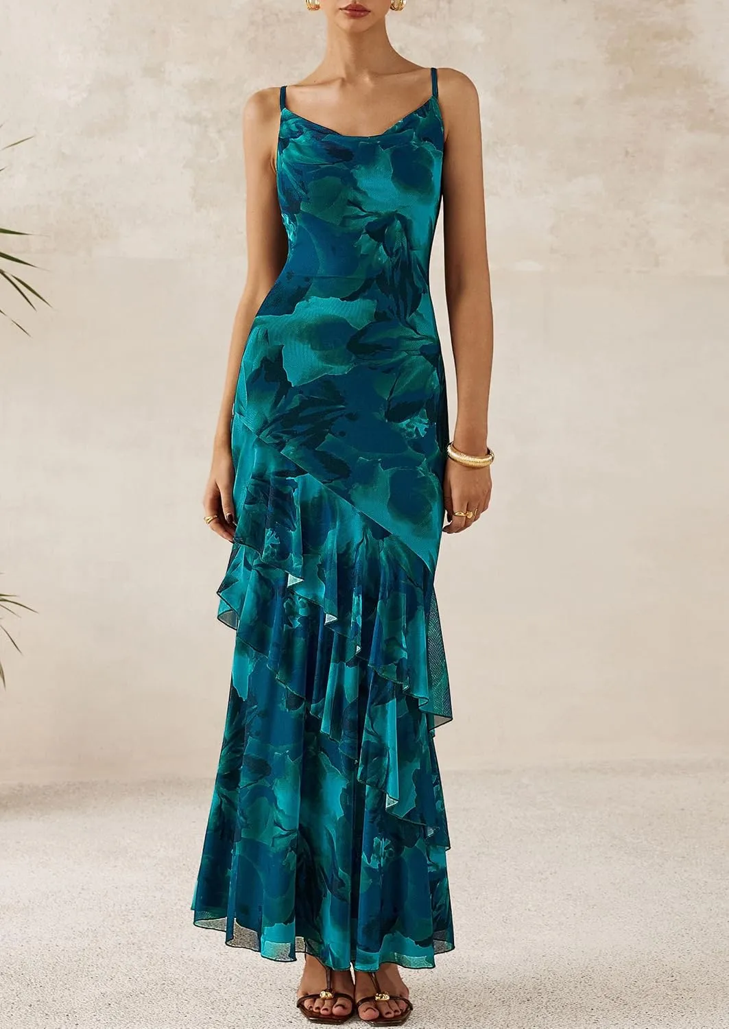 PRETTYGARDEN Maxi Dresses for Women 2025 Floral Beach Sundress Spaghetti Strap Tiered Summer Wedding Guest Long Dress