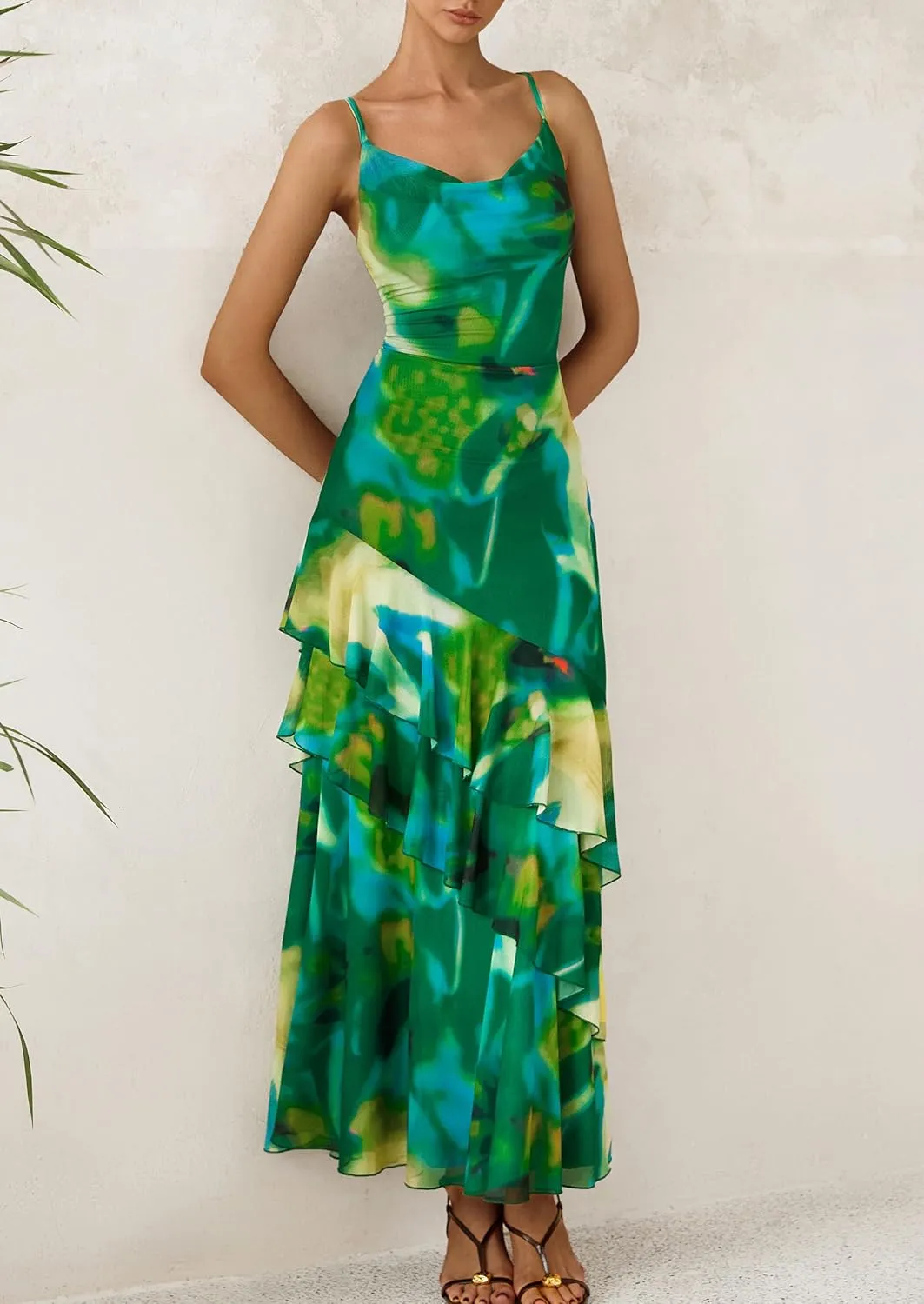PRETTYGARDEN Maxi Dresses for Women 2025 Floral Beach Sundress Spaghetti Strap Tiered Summer Wedding Guest Long Dress