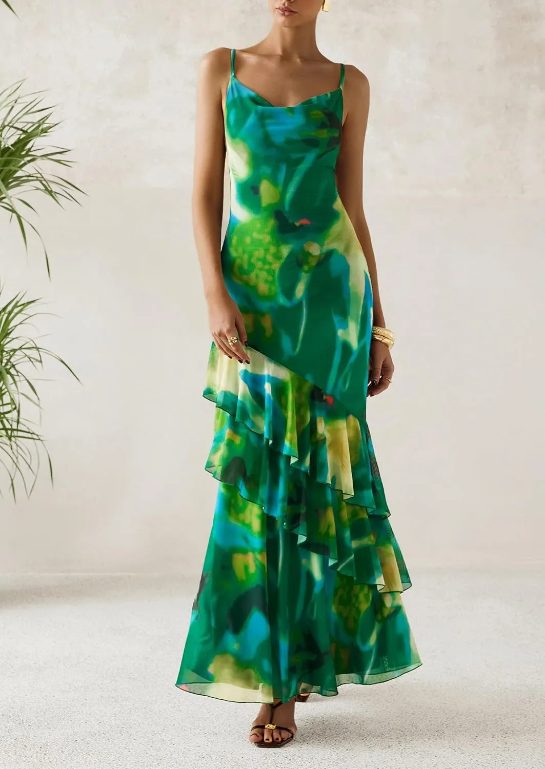 PRETTYGARDEN Maxi Dresses for Women 2025 Floral Beach Sundress Spaghetti Strap Tiered Summer Wedding Guest Long Dress