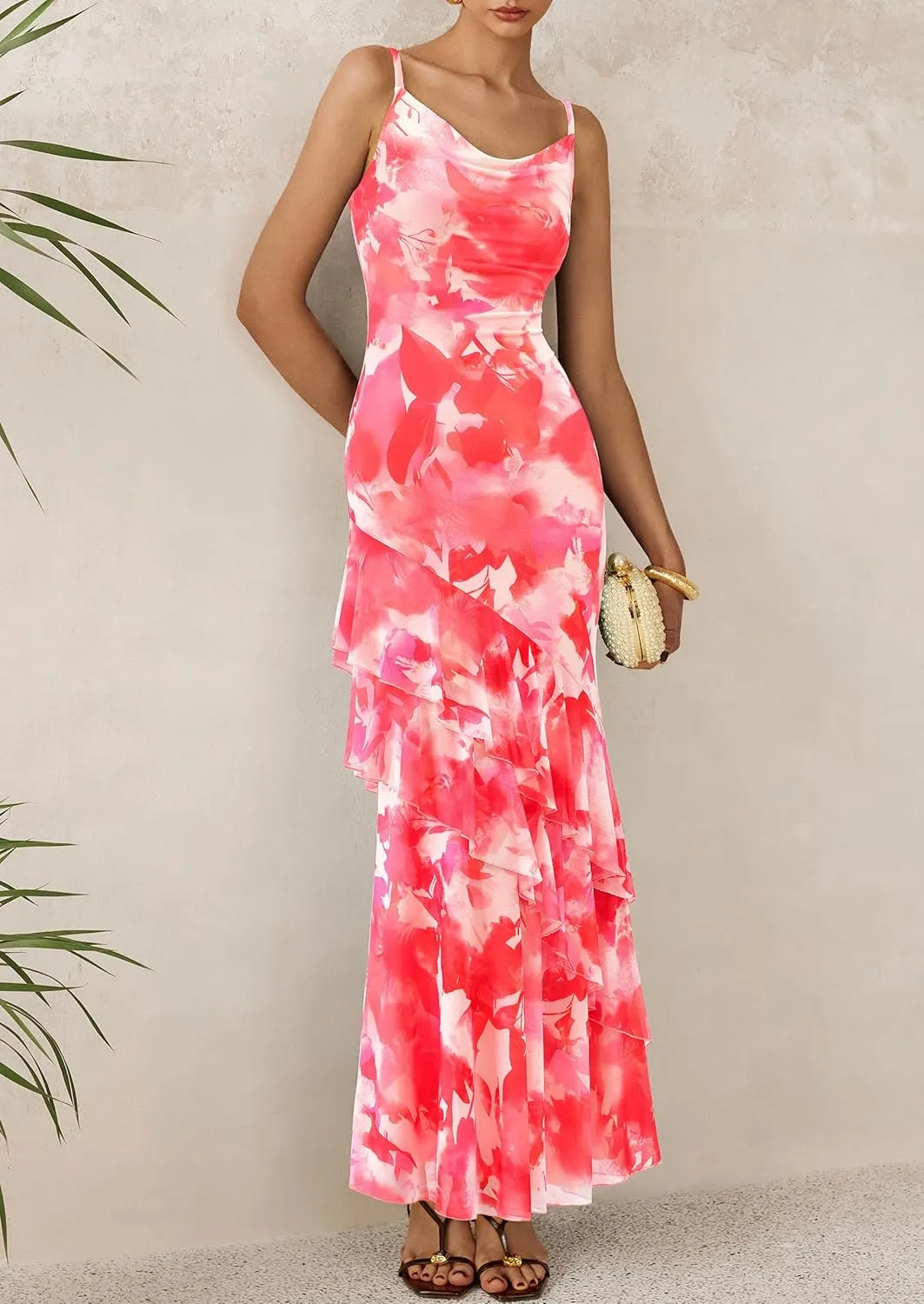 PRETTYGARDEN Maxi Dresses for Women 2025 Summer Tiered Floral Beach Sundress Spaghetti Strap Wedding Guest Long Dress