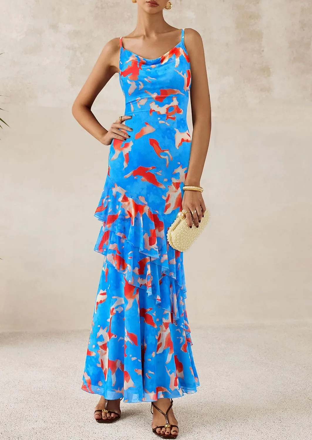 PRETTYGARDEN Maxi Dresses for Women 2025 Summer Tiered Floral Beach Sundress Spaghetti Strap Wedding Guest Long Dress