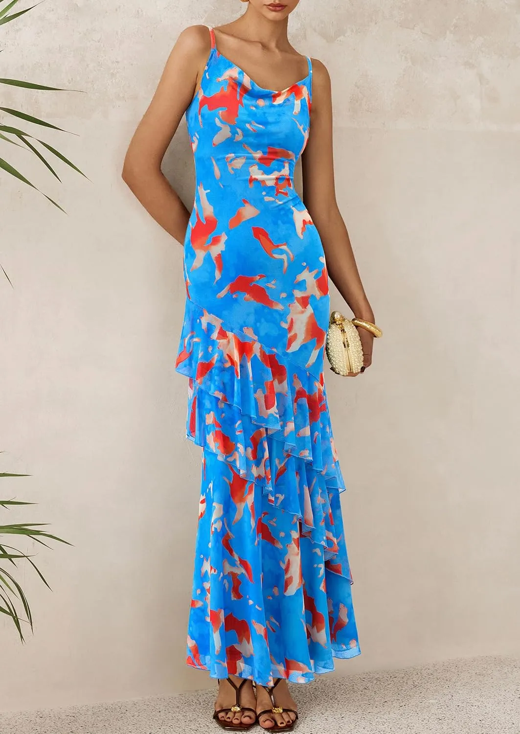 PRETTYGARDEN Maxi Dresses for Women 2025 Summer Tiered Floral Beach Sundress Spaghetti Strap Wedding Guest Long Dress