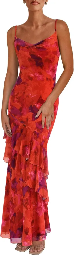 PRETTYGARDEN Maxi Dresses for Women 2025 Summer Tiered Floral Beach Sundress Spaghetti Strap Wedding Guest Long Dress