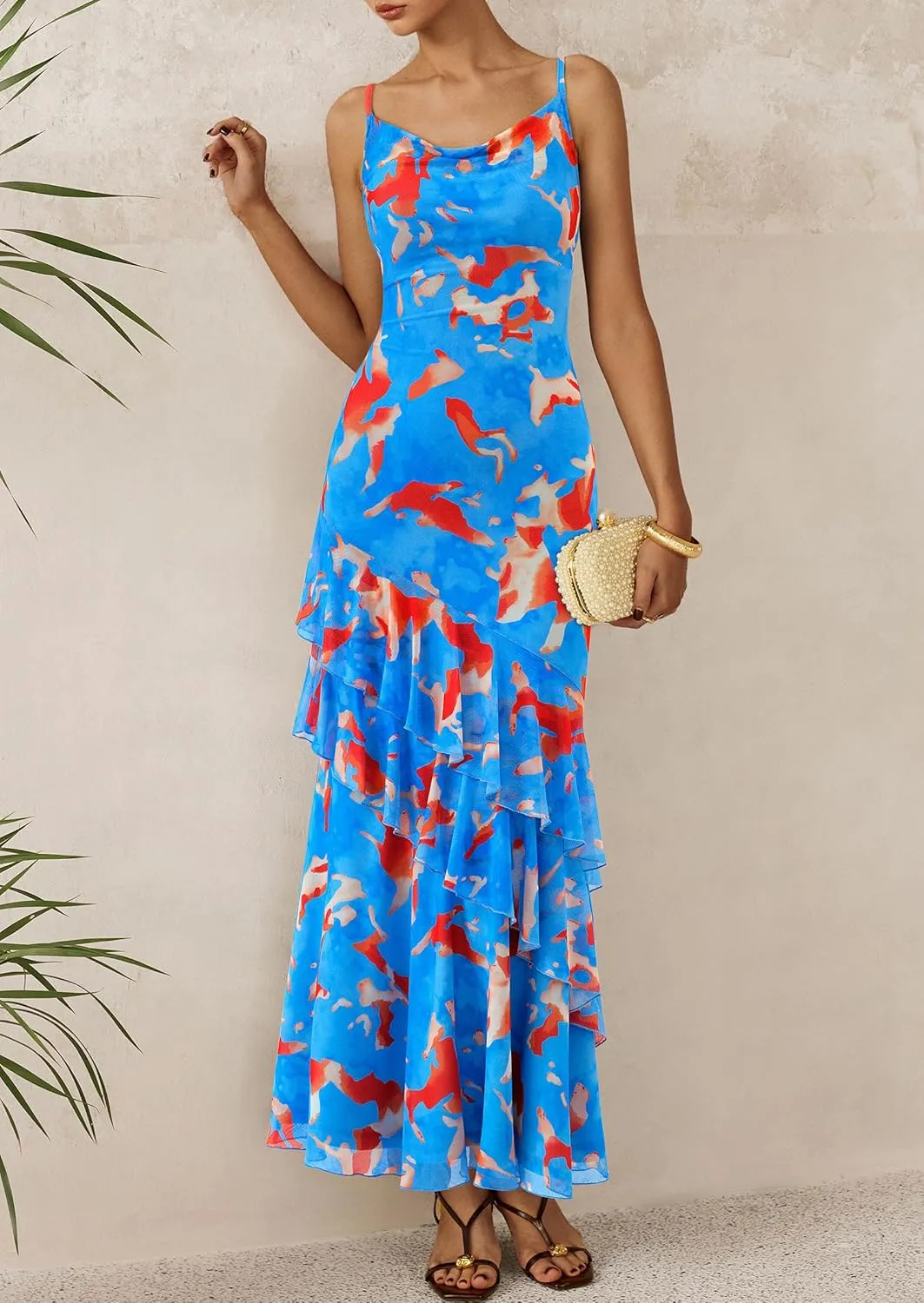 PRETTYGARDEN Maxi Dresses for Women 2025 Summer Tiered Floral Beach Sundress Spaghetti Strap Wedding Guest Long Dress
