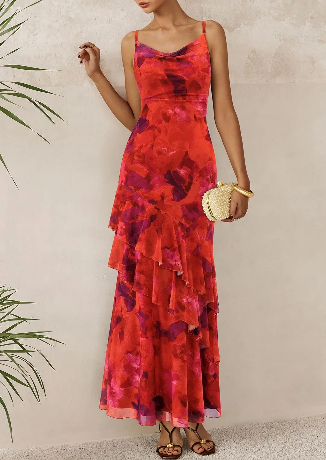 PRETTYGARDEN Maxi Dresses for Women 2025 Summer Tiered Floral Beach Sundress Spaghetti Strap Wedding Guest Long Dress