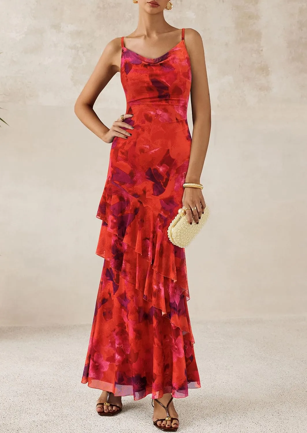 PRETTYGARDEN Maxi Dresses for Women 2025 Summer Tiered Floral Beach Sundress Spaghetti Strap Wedding Guest Long Dress