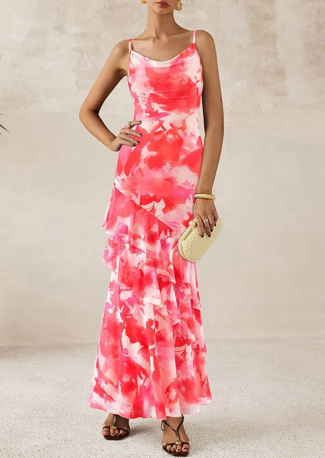 PRETTYGARDEN Maxi Dresses for Women 2025 Summer Tiered Floral Beach Sundress Spaghetti Strap Wedding Guest Long Dress