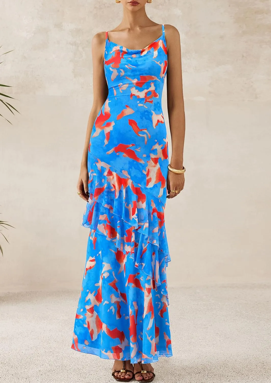 PRETTYGARDEN Maxi Dresses for Women 2025 Summer Tiered Floral Beach Sundress Spaghetti Strap Wedding Guest Long Dress