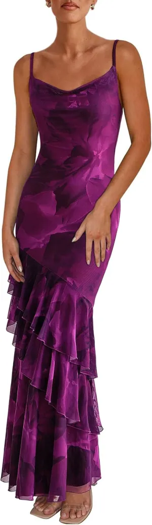 PRETTYGARDEN Maxi Dresses for Women 2025 Summer Tiered Floral Beach Sundress Spaghetti Strap Wedding Guest Long Dress