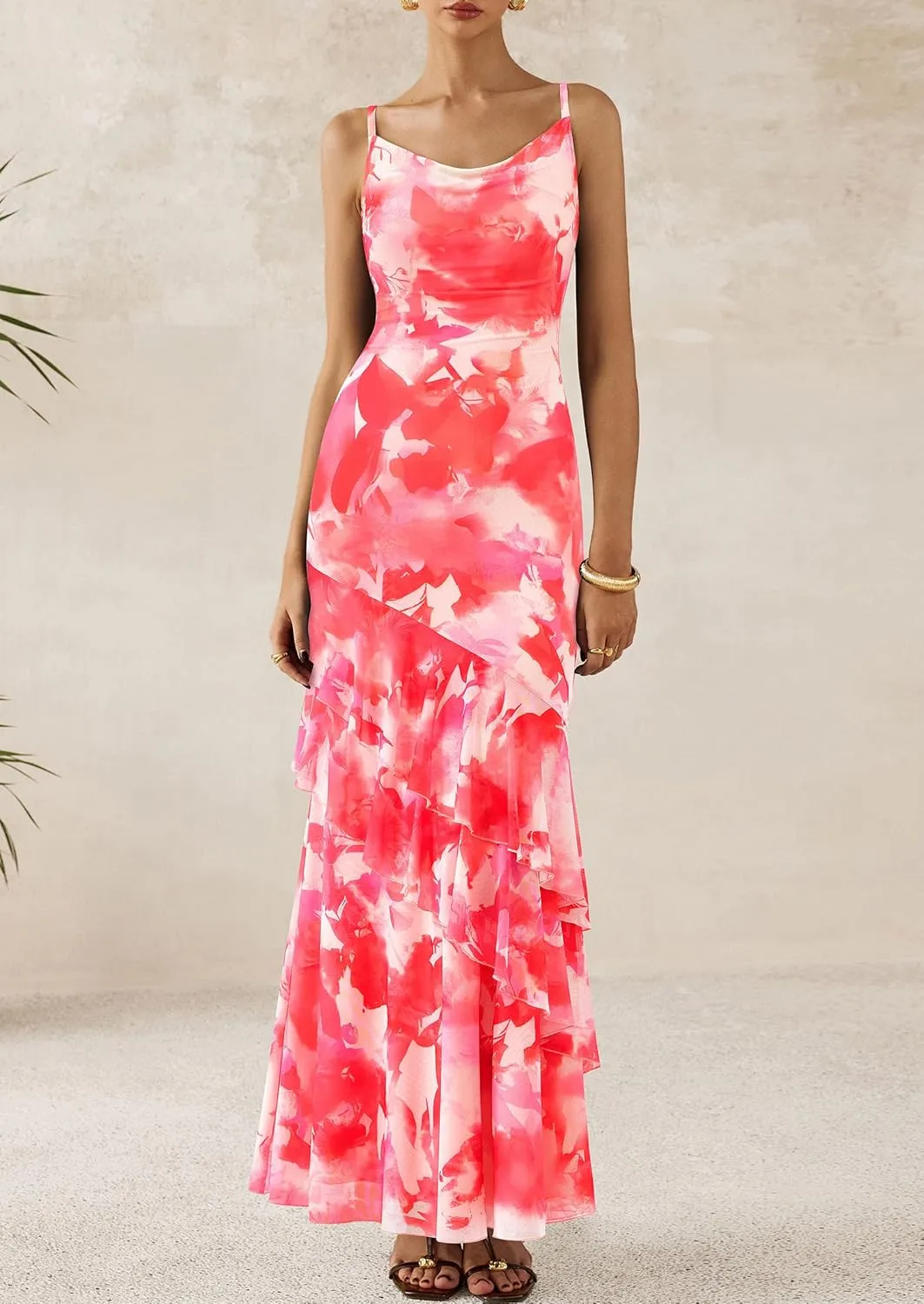 PRETTYGARDEN Maxi Dresses for Women 2025 Summer Tiered Floral Beach Sundress Spaghetti Strap Wedding Guest Long Dress
