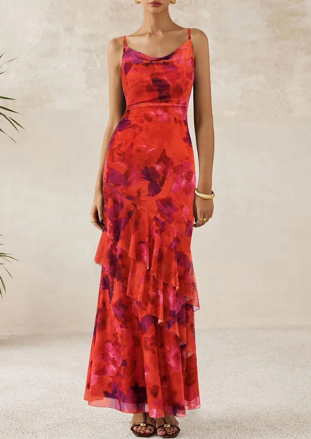 PRETTYGARDEN Maxi Dresses for Women 2025 Summer Tiered Floral Beach Sundress Spaghetti Strap Wedding Guest Long Dress