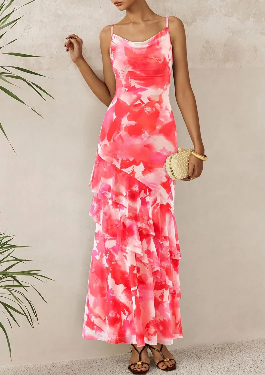 PRETTYGARDEN Maxi Dresses for Women 2025 Summer Tiered Floral Beach Sundress Spaghetti Strap Wedding Guest Long Dress