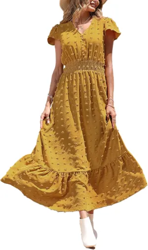 PRETTYGARDEN Women Casual Boho Summer Maxi Dresses 2025 Short Sleeve V Neck Swiss Dot Ruffle Smocked Flowy Wedding Long Dress