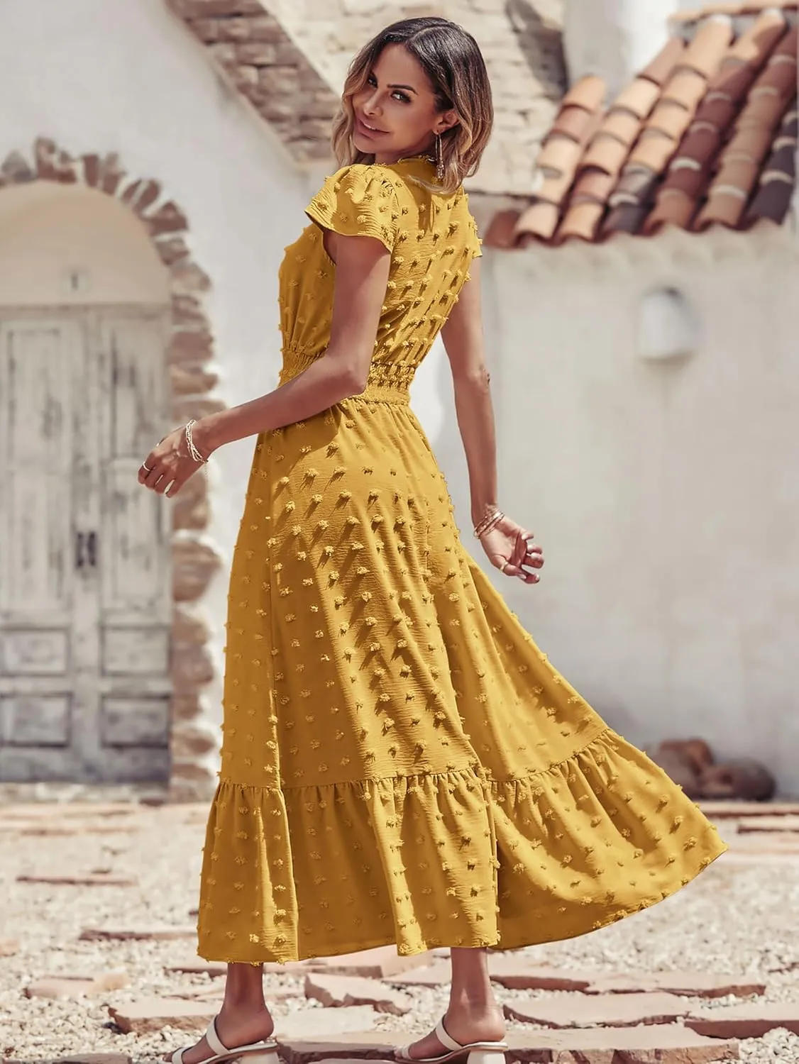 PRETTYGARDEN Women Casual Boho Summer Maxi Dresses 2025 Short Sleeve V Neck Swiss Dot Ruffle Smocked Flowy Wedding Long Dress