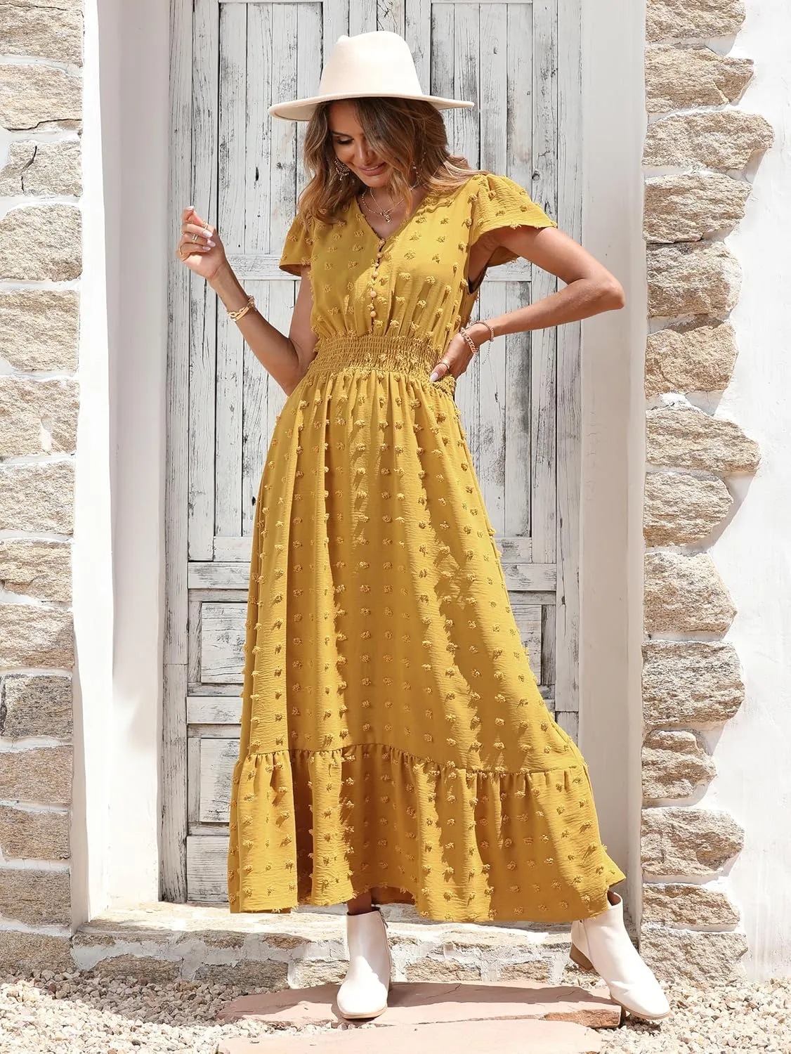 PRETTYGARDEN Women Casual Boho Summer Maxi Dresses 2025 Short Sleeve V Neck Swiss Dot Ruffle Smocked Flowy Wedding Long Dress