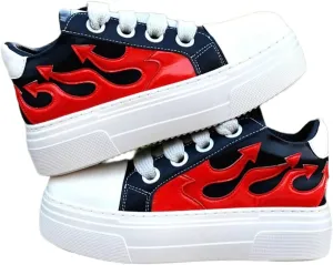 PU Leather Y2K Bold Flame Embroidery Flat Platform Sneakers for Women Lace Up Fashion Sports Shoes for Daily Streetwear with Motorcycle Rock Style