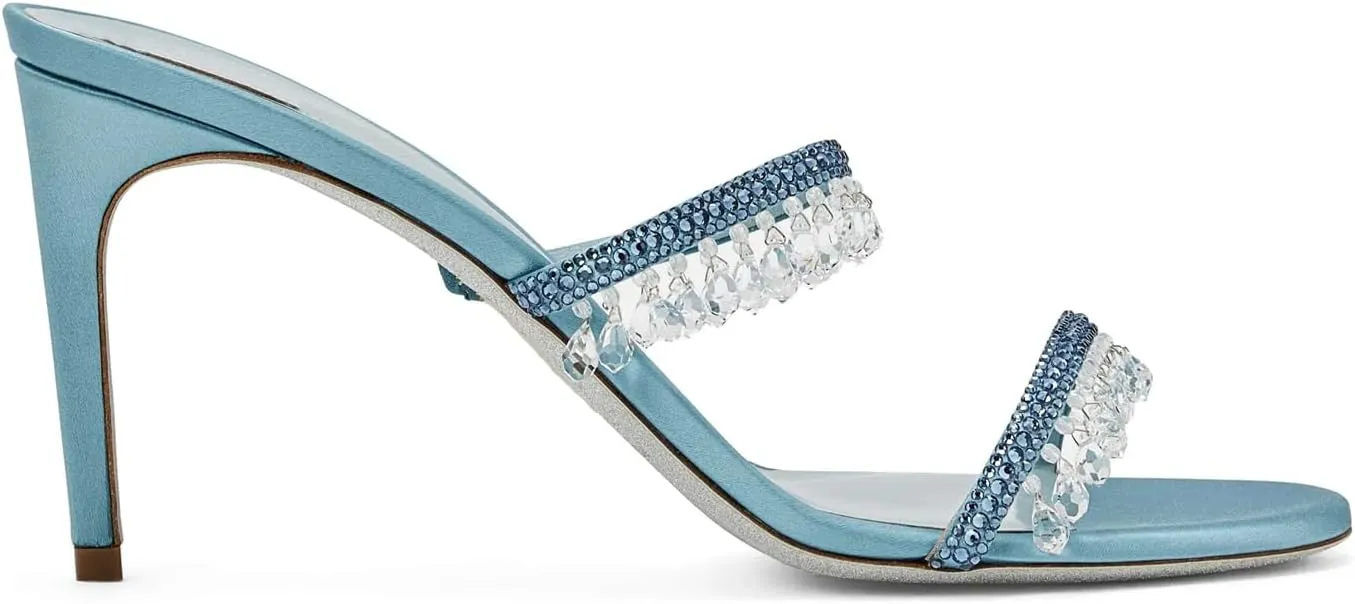 Rhinestone Tassel Heeled Sandals for Women Open Round Toe Stiletto High Heel Mules Sparkly Banquet Wedding Prom Shoes
