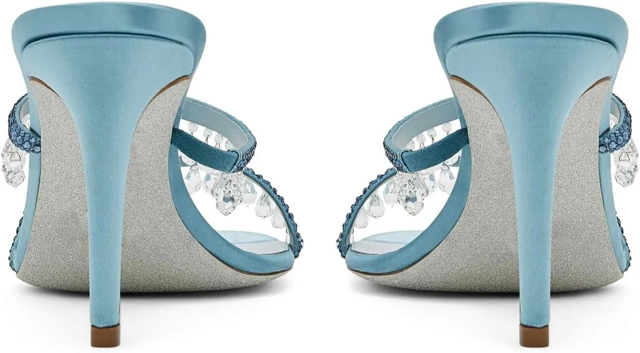 Rhinestone Tassel Heeled Sandals for Women Open Round Toe Stiletto High Heel Mules Sparkly Banquet Wedding Prom Shoes