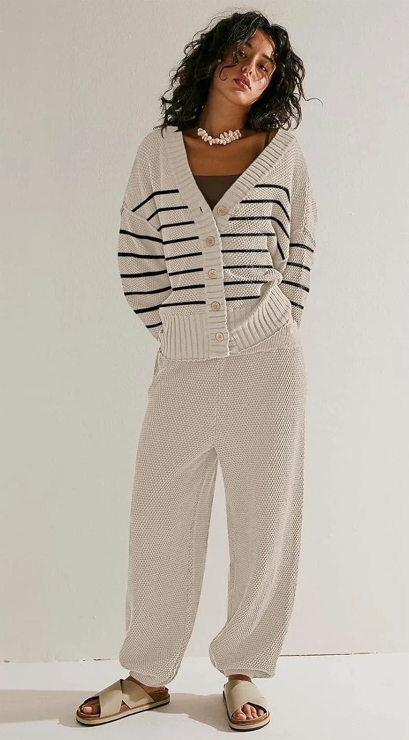 SAUKOLE Womens Two Piece Outfits Knit Sweater Sets Oversized Button Down Cardigan and Long Pants Matching Lounge Set