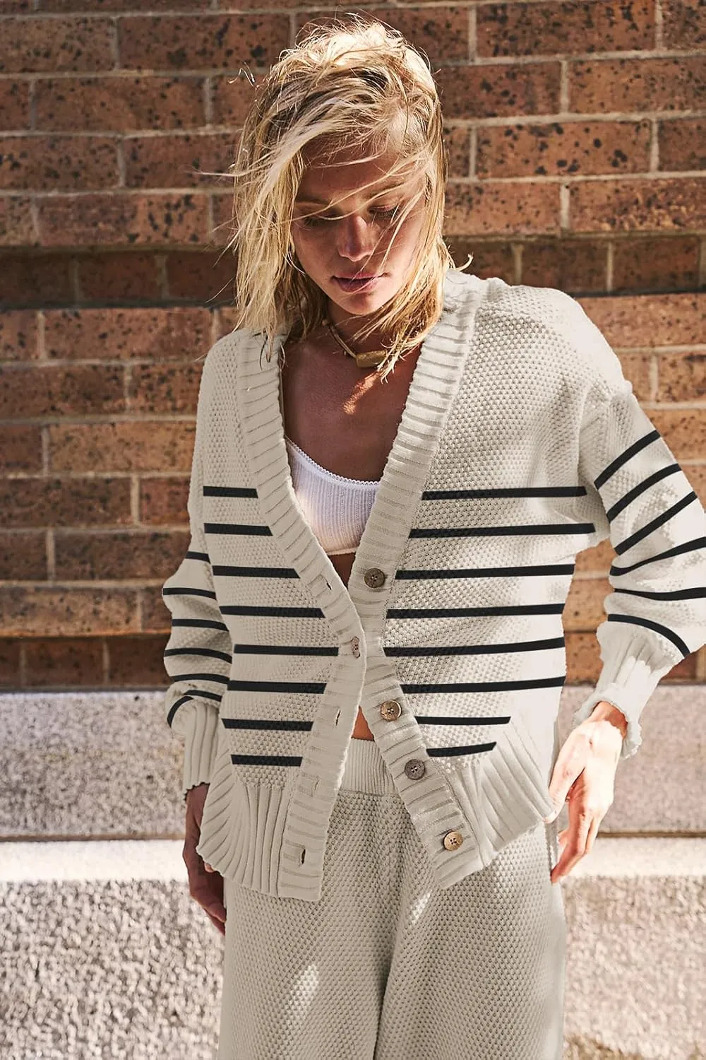 SAUKOLE Womens Two Piece Outfits Knit Sweater Sets Oversized Button Down Cardigan and Long Pants Matching Lounge Set