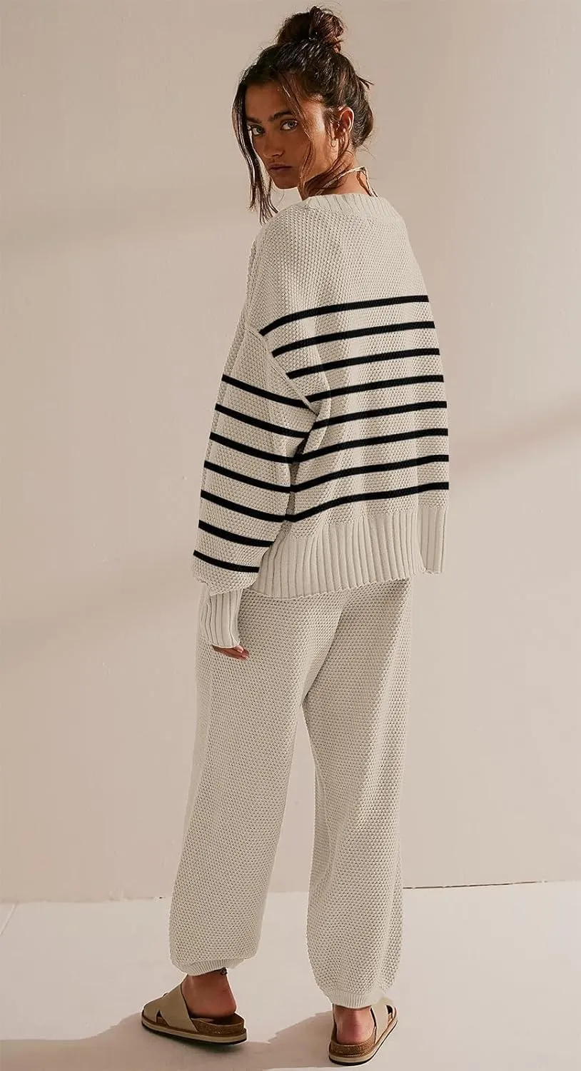 SAUKOLE Womens Two Piece Outfits Knit Sweater Sets Oversized Button Down Cardigan and Long Pants Matching Lounge Set
