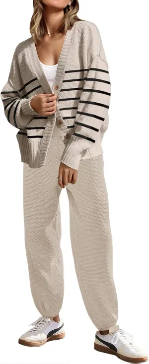 SAUKOLE Womens Two Piece Outfits Knit Sweater Sets Oversized Button Down Cardigan and Long Pants Matching Lounge Set