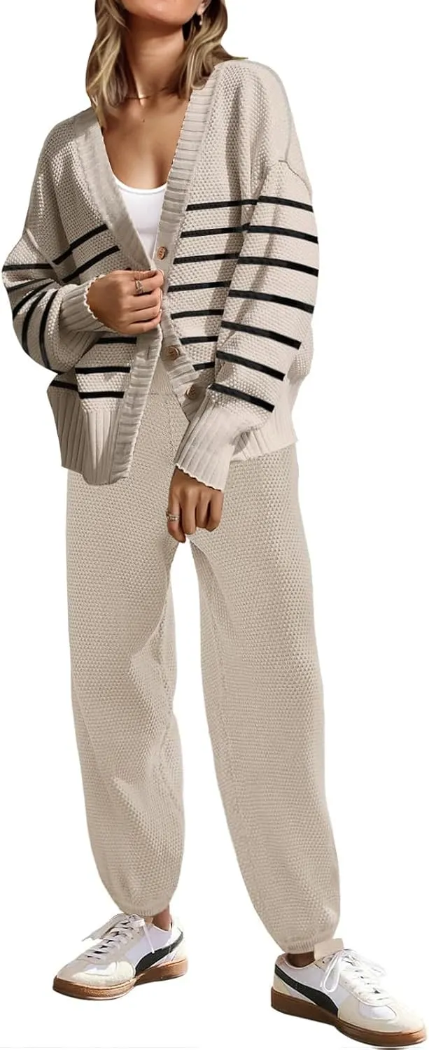 SAUKOLE Womens Two Piece Outfits Knit Sweater Sets Oversized Button Down Cardigan and Long Pants Matching Lounge Set
