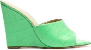 SCHUTZ S-Lucimara Green Shiny Croc-Embossed Leather High Heel Wedges Sandals