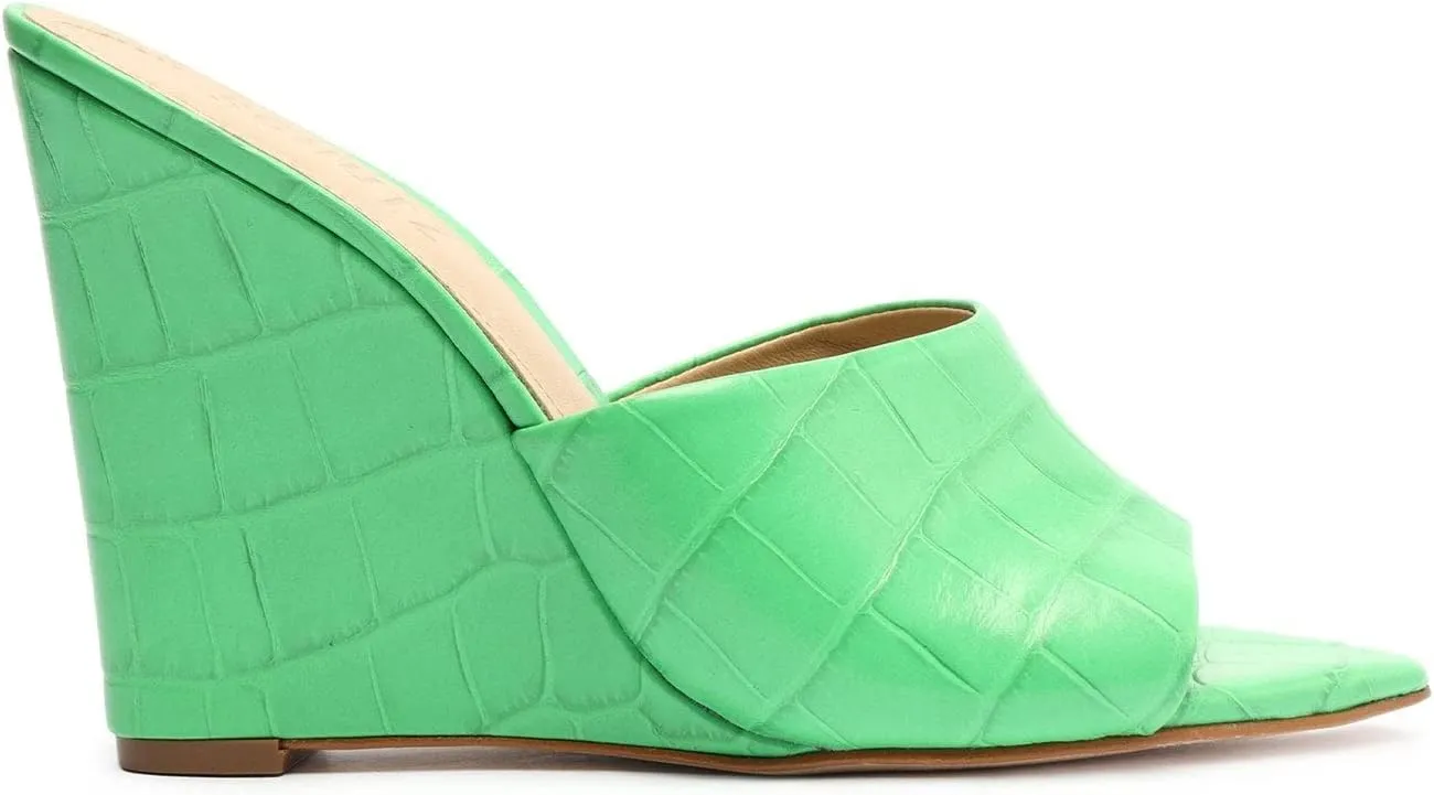 SCHUTZ S-Lucimara Green Shiny Croc-Embossed Leather High Heel Wedges Sandals